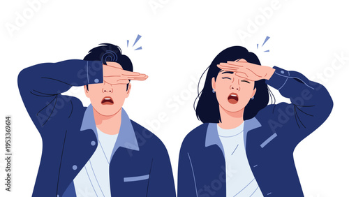 Young man and woman shielding their eyes with hands from bright sunlight while looking forward against white background.