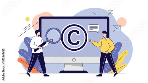 Professionals inspecting a copyright symbol on a computer monitor using a magnifying glass to illustrate legal protection concepts.
