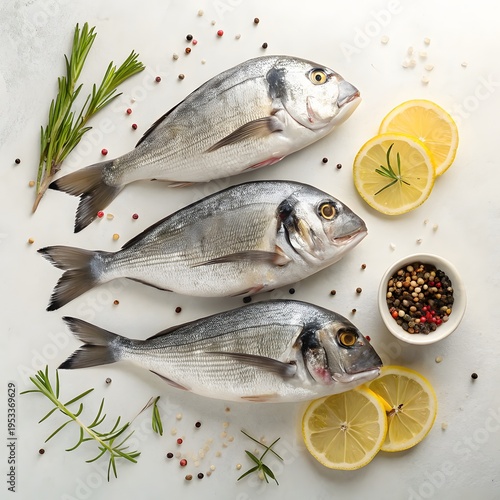 Three whole sea bream fish arranged horizontally with lemon wedges and scattered spices beside them