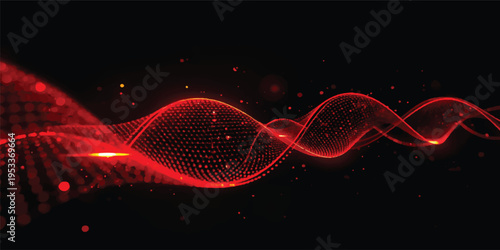 An abstract red glowing background features a futuristic wave design with bright energy lines and a fractal motion effect on a dark backdrop