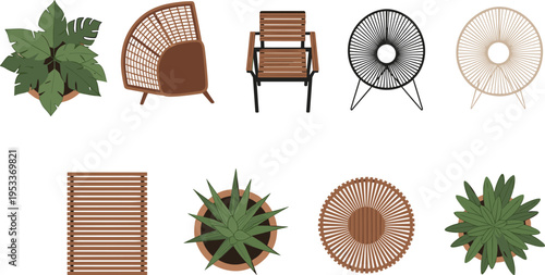 Flat Vector Illustration Set of Modern Outdoor Furniture and Potted Plants Featuring Top View Plan Icons of Chairs Tables and Greenery for Landscape Design