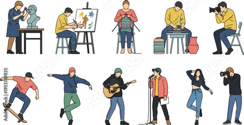 Flat Vector Illustration Set of People Engaging in Creative Hobbies and Activities Including Painting Sculpting Pottery Knitting Music Skateboarding Dancing Photography and Artistic Crafting