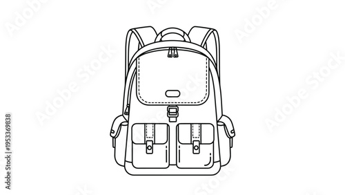 Clean black and white line art illustration of a multi-pocket school backpack or hiking rucksack with straps and buckles on white background.