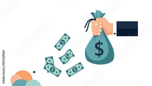 Illustration of a businessman's hand holding a large teal money bag with a dollar sign as banknotes float down towards colorful clouds.