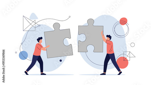 Two professional men work together to connect two large matching jigsaw puzzle pieces representing teamwork and business problem solving.