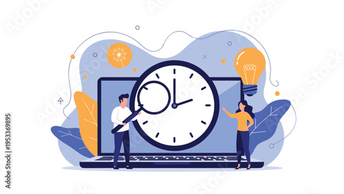 Time management concept features a large laptop screen with a clock being inspected by a magnifying glass as employees manage deadlines.