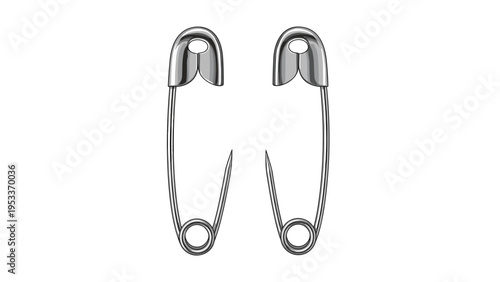 Detailed illustration of two shiny metal safety pins placed vertically side by side against a solid white background for sewing and crafts.