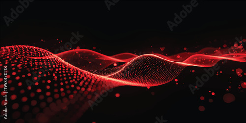 Abstract red technology background with glowing wave lines and digital light curves on a dark backdrop vector illustration design