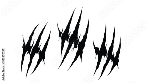 Set of three aggressive black claw marks or scratch effects on a white background symbolizing an attack by a wild animal or monster.