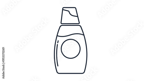 Minimalist black and white line art of a household liquid detergent or fabric softener plastic bottle with a measuring cap.