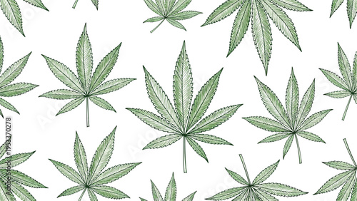 Seamless pattern background featuring hand drawn green cannabis or marijuana leaves in various sizes on a clean white backdrop.