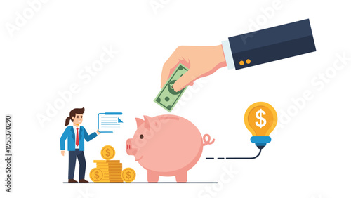 Concept of personal savings shows a giant hand depositing a banknote into a large pink piggy bank while a woman manages her finances.