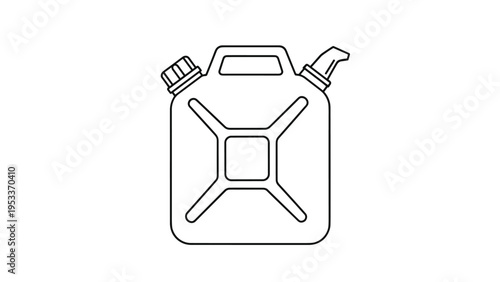 Detailed black and white line art of a metal fuel jerry can with a pouring spout for gasoline or liquid storage and transport.