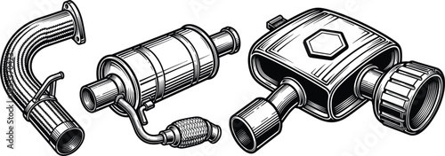 Vintage Woodcut Style Illustration of Car Exhaust System Components Featuring Muffler Tailpipe Catalytic Converter and Flexible Exhaust Pipe for Automotive Repair and Performance Branding