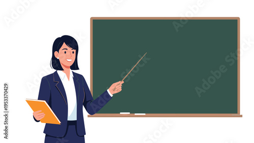 Professional female teacher holding a notebook and pointing a stick at a blank chalkboard in a classroom setting.