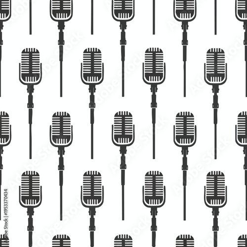 A seamless pattern of vintage microphones on a white background