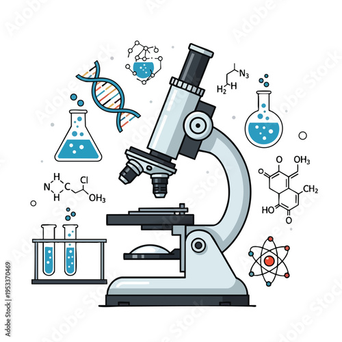 Illustration of a microscope surrounded by science icons, including DNA and chemical formulas