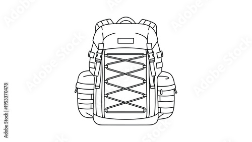 Detailed line art illustration of a military tactical backpack with numerous pockets and straps for outdoor use.