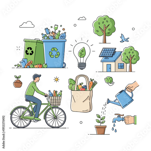Eco-friendly actions recycling, cycling, solar energy, gardening, and sustainable living