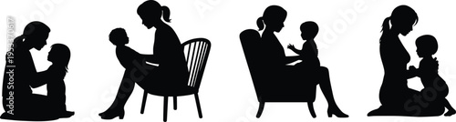 Parent and child silhouette illustration, four nurturing seated poses showing bonding and care, family connection theme, vector art, black isolated bold design
