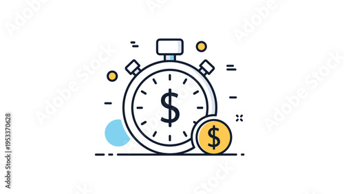 Modern flat icon of a stopwatch featuring a dollar sign symbol representing time is money and work efficiency.