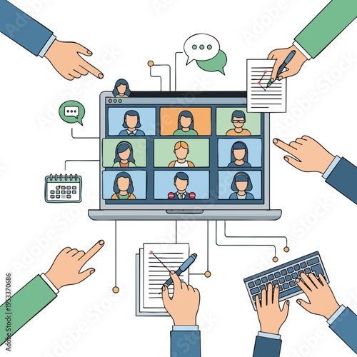 Several hands interact with a laptop displaying a video conference grid of people