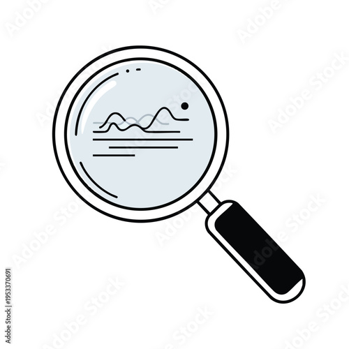 Magnifying glass examining wavy line graph with dots and lines