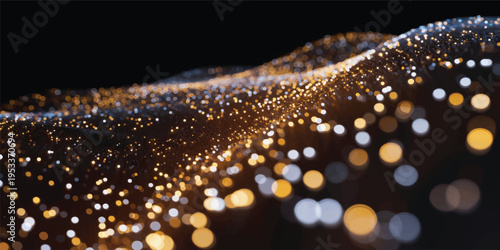 A macro closeup of golden champagne and water ripples creates a textured light pattern against a black background for a festive Christmas design