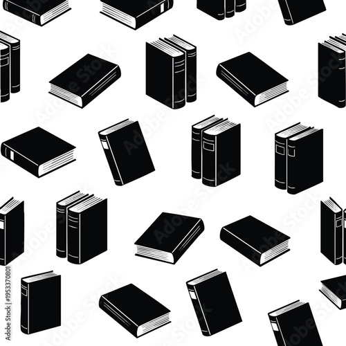 Black isometric books scattered on a white background