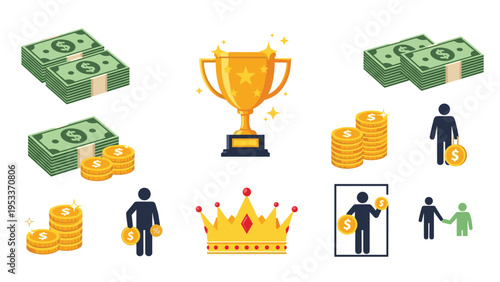 Assortment of business success and wealth icons featuring stacks of cash, gold trophies, coins, and royal crowns.