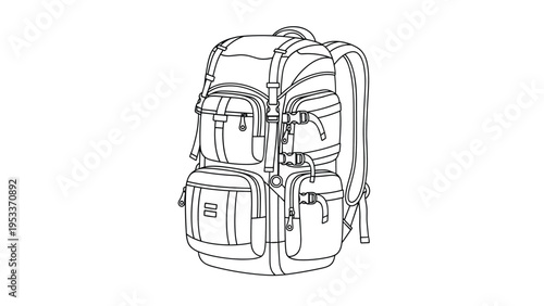 Technical line drawing of a large multi compartment hiking backpack suitable for mountain climbing and travel.