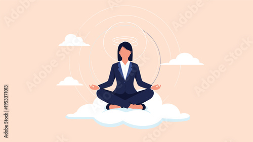 Businesswoman in a suit sitting in a lotus position meditating on a cloud to find inner peace and mental focus.