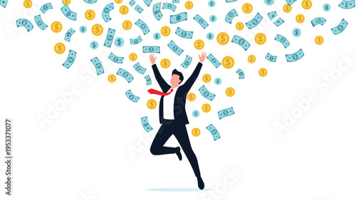 Excited businessman in a suit jumping for joy while gold coins and dollar bills rain down around him in the air.