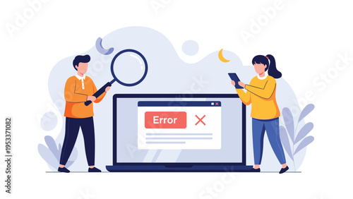 Two characters examining a red error message popup window on a laptop screen using a large magnifying glass.