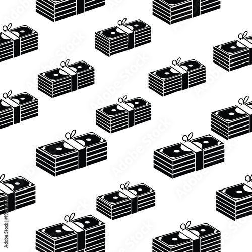 Black and white illustration of stacked currency, patterned