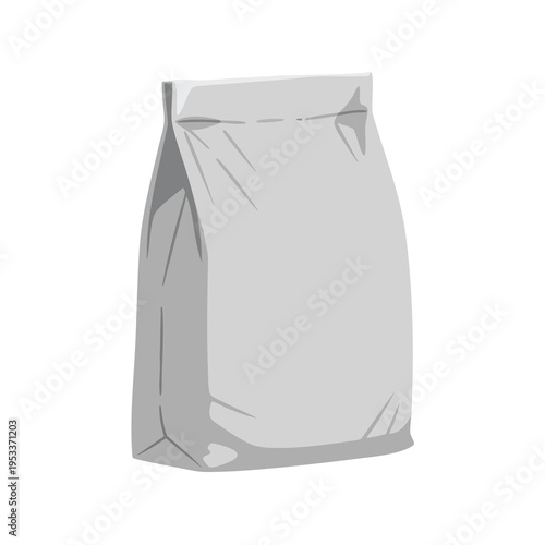 A blank, creased, white paper bag stands upright with a simple shaded design