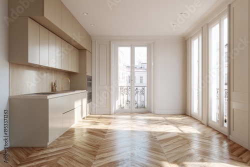 Modern kitchen with light cabinets and herringbone wooden floor.