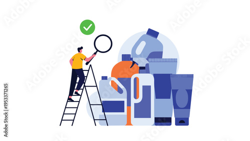 Person standing on a ladder inspecting various cleaning and household chemical bottles with a magnifying glass.