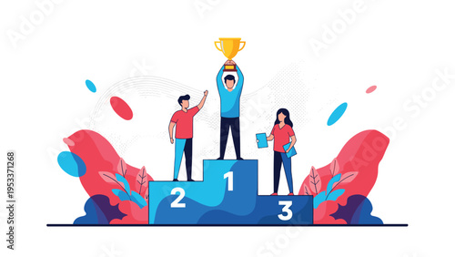 Three business professionals celebrating on a winner podium with the first place winner holding a gold trophy.