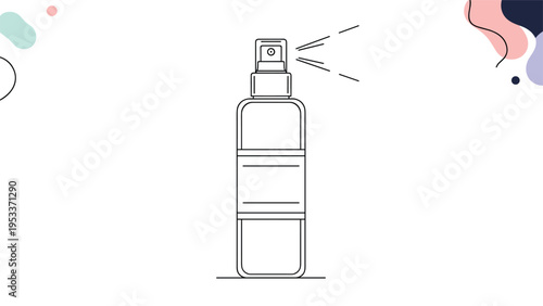 Simple line art drawing of a spray bottle dispersing a mist against a background of abstract colorful shapes.