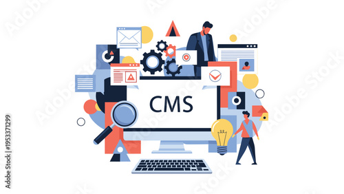 Content management system conceptual illustration showing a laptop surrounded by digital icons and working professionals.