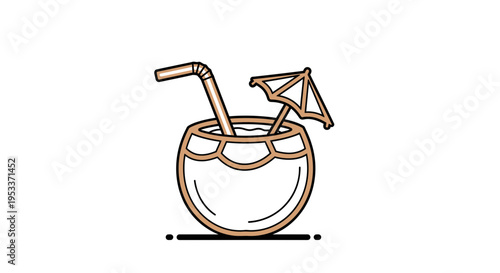 Coconut drink icon vector with umbrella and straw