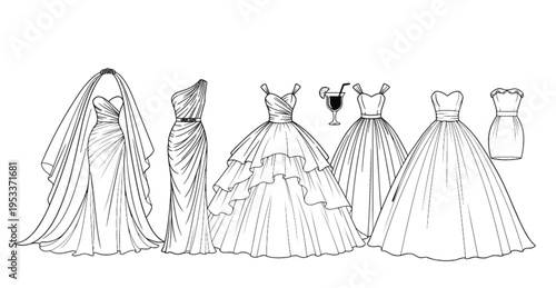 Elegant wedding dress collection vector, bridal gown outline set, fashion design sketches, formal evening dresses illustration, couture apparel isolated bundle