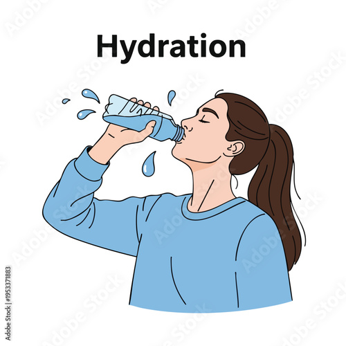 Woman drinking water from a bottle, with water droplets splashing. Hydration