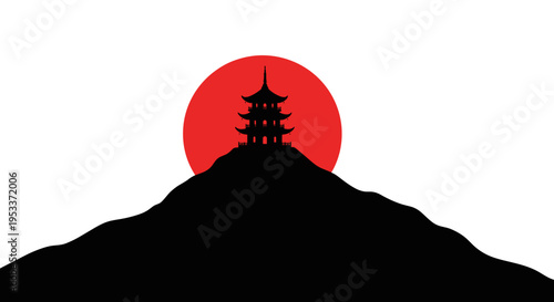 Silhouette of a pagoda atop a mountain with a vibrant red sun in the background, creating a striking contrast against a minimalist white sky