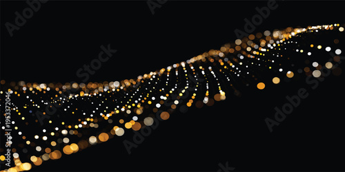 A magic pattern of gold sparkle lights and motion blur particles creates a festive holiday design over the Golden Gate Bridge at night