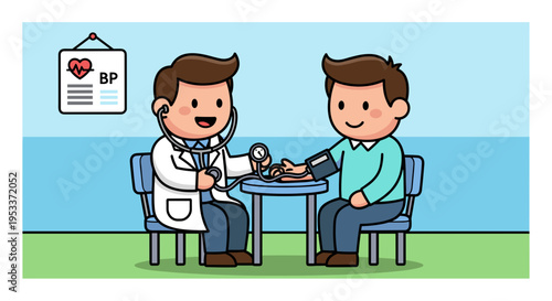 Illustration of a doctor in a white coat measuring a patients blood pressure with a stethoscope, cheerful cartoon style, blue and green background