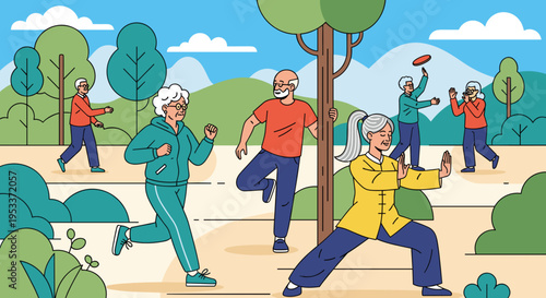 Lively seniors engaging in outdoor activities like jogging, tai chi, and frisbee in a vibrant park setting with lush greenery and clear blue skies, active outdoors