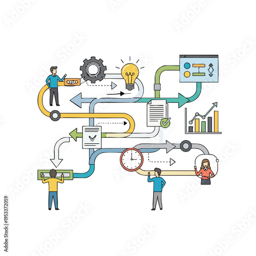 People interact with a process flowchart, gear, bulb, and charts