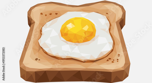 Polygonal illustration of a fried egg on a slice of toast, featuring geometric shapes and warm colors against a white background